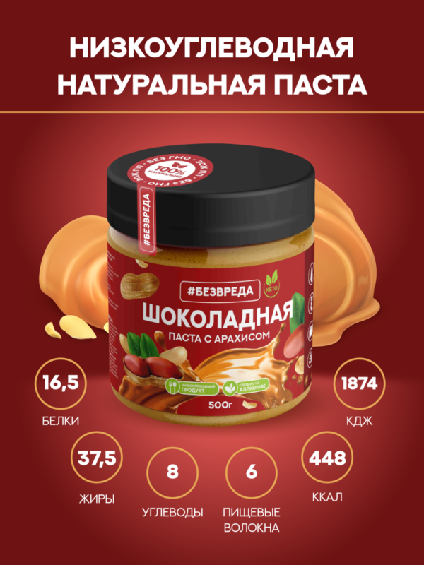 ПАСТА шоколадная с арахисом без сахара БЕЗВРЕДА 500гр/6шт(БВ)